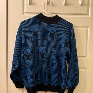 Vintage Knit Blue and Black Teddy Bear Sweater Size Large